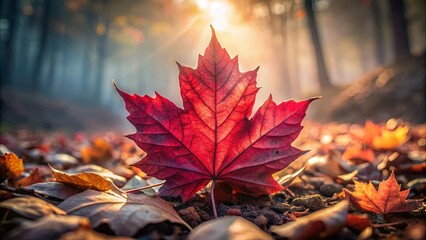 Poster - A Single Crimson Leaf Stands Out Among the Fallen Autumn Foliage, Glowing with the Warmth of the Setting Sun