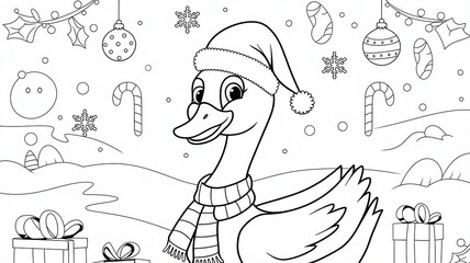 A black-and-white drawing of goose wearing a Christmas hat and scarf. goose holiday decorations such as ornaments, candy canes, snowflakes, and wrapped presents created with generative ai