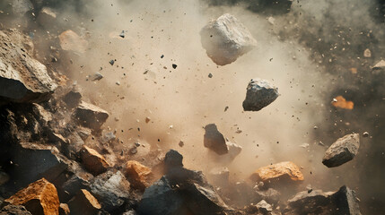 Wall Mural - The scene depicts a dynamic arrangement of falling rocks and debris, accompanied by swirling dust particles.