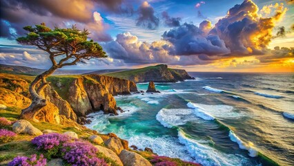 Wall Mural - A Lone Tree Stands Sentinel Over A Rugged Coastline As The Sun Sets Over The Ocean, Casting A Golden Glow On The Waves