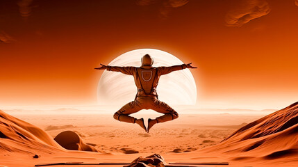 an astronaut gracefully balances in yoga