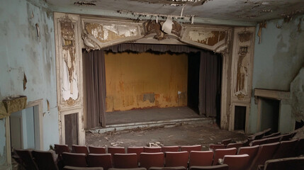 Wall Mural - A dilapidated theater with peeling paint and ghostly performances.