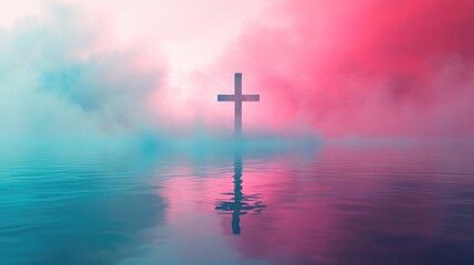 A cross floating on the water, a misty sky with pink and blue colors.