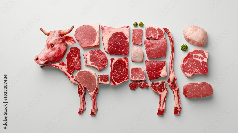Labeled Meat A diagram of a cow showing different meat cuts labeled on a white ...