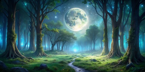 Wall Mural - A Mystical Forest Path Illuminated by a Full Moon and a Starry Sky, Leading to a Serene Glow in the Distance