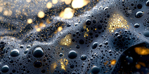 Poster - The image is of a black and gold liquid with many small bubbles