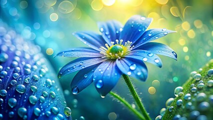 Wall Mural - A single blue flower blossoms with dew drops on its petals, bathed in sunlight, revealing a close-up view of nature's delicate artistry.