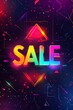 © grey - 'SALE' written in bright, gradient rainbow colors with a glowing background of abstract geometric shapes.