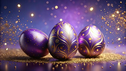 Canvas Print - A trio of ornate purple eggs rests amidst a glittering cascade of gold, radiating elegance and festive cheer.