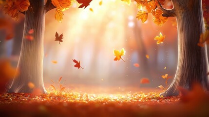 Wall Mural - a scenic forest with towering trees in full fall colors, leaves gently falling to the ground, creati
