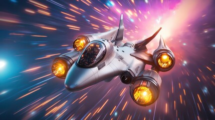 Wall Mural - a sci-fi spaceship flying through a colorful star field, with futuristic details and glowing engines