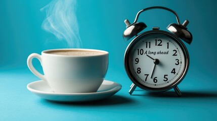 A steaming cup of coffee and an alarm clock on a blue background.