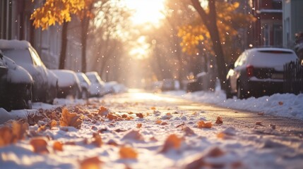 First snow on a sunny morning street with autumn leaves