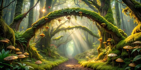 Canvas Print - Sunlight filtering through an ancient, moss-covered forest, illuminating a winding path lined with luminous mushrooms.