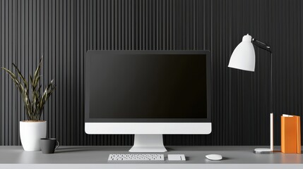 A sleek desktop mockup in a modern office setting, ideal for showcasing web or software interfaces.