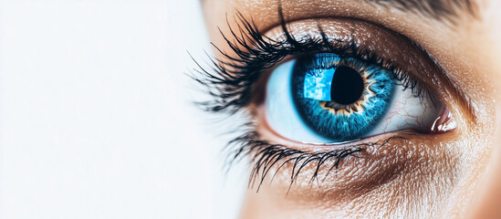 Blue female eye on white background banner with copy space 