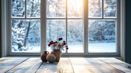 Wall Mural - Empty table with winter scene visible through window in the background