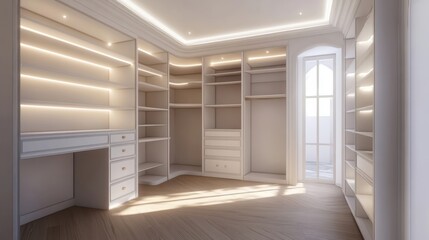 Canvas Print - White walk-in closet with light from dressing table 3D render