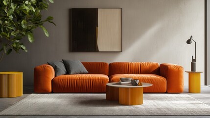 Canvas Print - Living room with orange sofa and yellow side tables 3D render