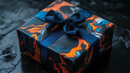 Close-up of a 2025 gift box with a digital theme printed on glossy paper, placed on a black surface