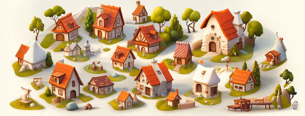 A collection of cute cartoon houses for a game asset pack.