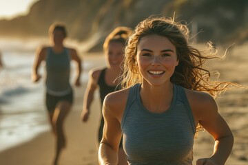 Young woman running race with friends at the beach, Generative AI