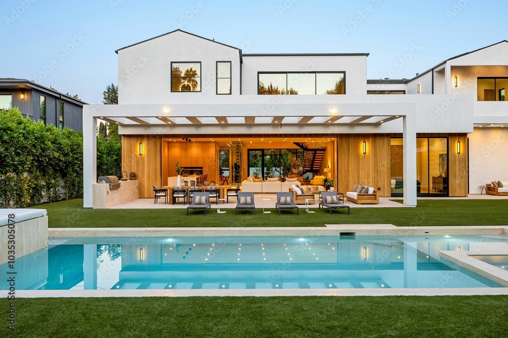 Modern luxury home with pool at dusk. Stock Photo | Adobe Stock