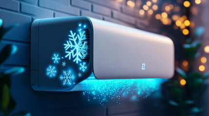 A white air conditioner with a snowflake design and blue light emanating from it, set against a brick wall.