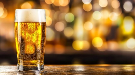 A refreshing glass of beer sits on a bar, with vibrant bokeh lighting in the background, evoking a lively pub atmosphere.