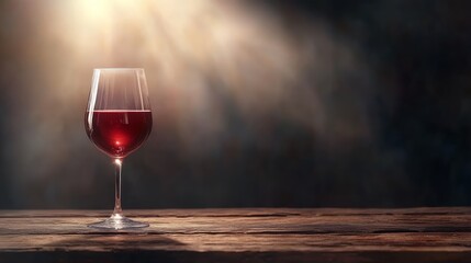 A glistening glass of red wine sits on a wooden surface, illuminated by gentle, dramatic lighting that enhances its rich color.