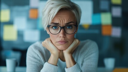 A young woman with short blonde hair and glasses is deep in thought in a modern office, with a board covered in colorful sticky notes behind her, representing analysis.