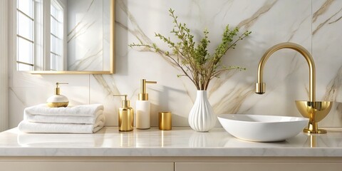 Modern Bathroom Vanity with Gold Accents and Marble Tiles, bathroom design, home decor