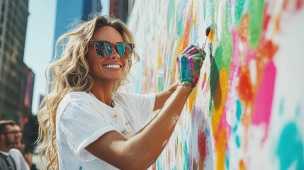 A smiling female artist passionately works on a vibrant, multicolored mural in a bustling cityscape, capturing the essence of urban creativity and spirited expression.