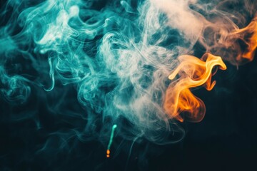 Whiffs of green glowing smoke and swirls of aromatic colorful incense against a Black background. Dramatic haze effect for a spooky Halloween background. with generative ai