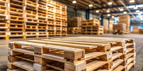 Stacked Wooden Pallets in Warehouse, Logistics, Supply Chain