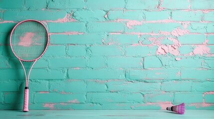 A badminton racket leans against a distressed teal brick wall with a shuttlecock nearby, creating a rustic and sport-themed ambiance in the scene.