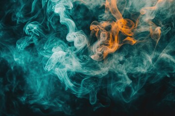 Whiffs of green glowing smoke and swirls of aromatic colorful incense against a Black background. Dramatic haze effect for a spooky Halloween background. with generative ai