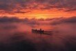 © Po - A serene boat ride on a misty lake at sunrise, with vibrant orange and red hues in the sky, creating a peaceful and tranquil scene.