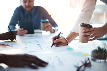 Poster - Hands, creativity and business people in meeting, documents and planning for project. Employees, closeup and design agency with paperwork, cooperation and ideas for proposal, talk or brainstorming