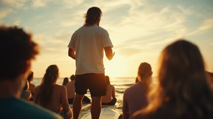 A silhouette of a group of surfers sitting on their boards, gazing at the setting sun, creating a sense of community and peace at the ocean's horizon.