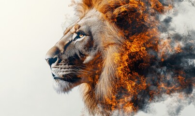 Double exposure of a lion with fire and smoke on a white background, Generative AI