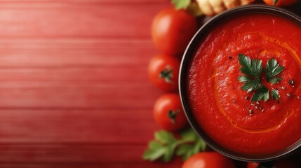 A bowl of rich tomato soup is complemented by sprigs of parsley, with ripe tomatoes and fresh ingredients in the background, inviting a homemade culinary experience.