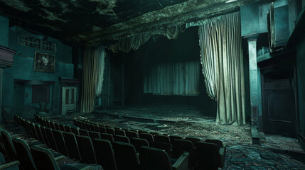 Wall Mural - A deserted theater with tattered curtains and an unsettling silence in the air.