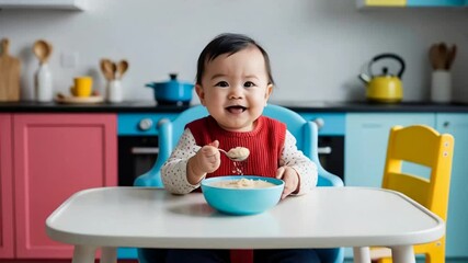 Wall Mural - adorable baby eating porridge in the kitchen

