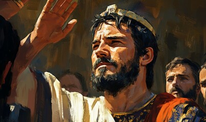 David is anointed king  1 Samuel 16. Digital illustration, Generative AI