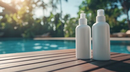 Two white bottles with body lotion or shampoo near a swimming pool in a resort.