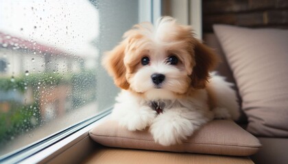 Maltipoo puppy sitting on windowsill