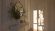 © highspirit - Elegant entryway with a simple white console table, a round mirror, and a touch of greenery in a ceramic vase