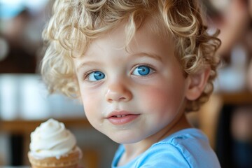 Close-up portrait of a cute little boy with an ice cream in a restaurant.