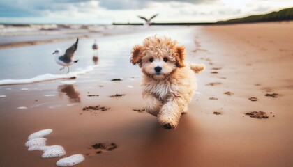  Maltipoo puppy running on beach